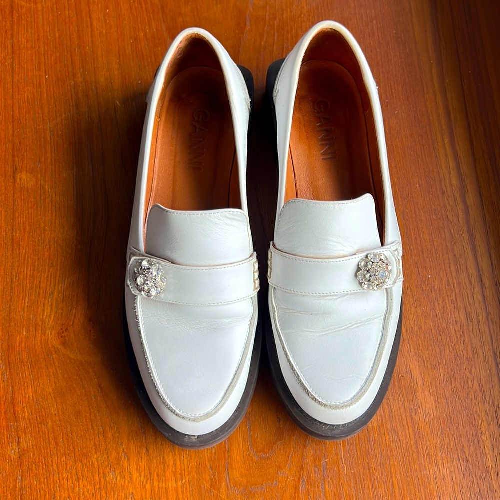 GANNI Crystal Embellish white leather loafers